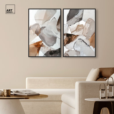 «Sediment & Remnant Hues», reproduction d'art encadrée, ensemble d'art mural boho doré par Art Remedy, cadre noir, 16 x 24