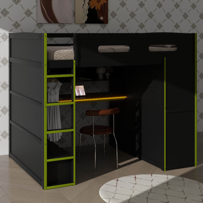 Lit mezzanine double en bois avec poste de travail intégré, garde-robe, rangement spacieux et éclairage DEL