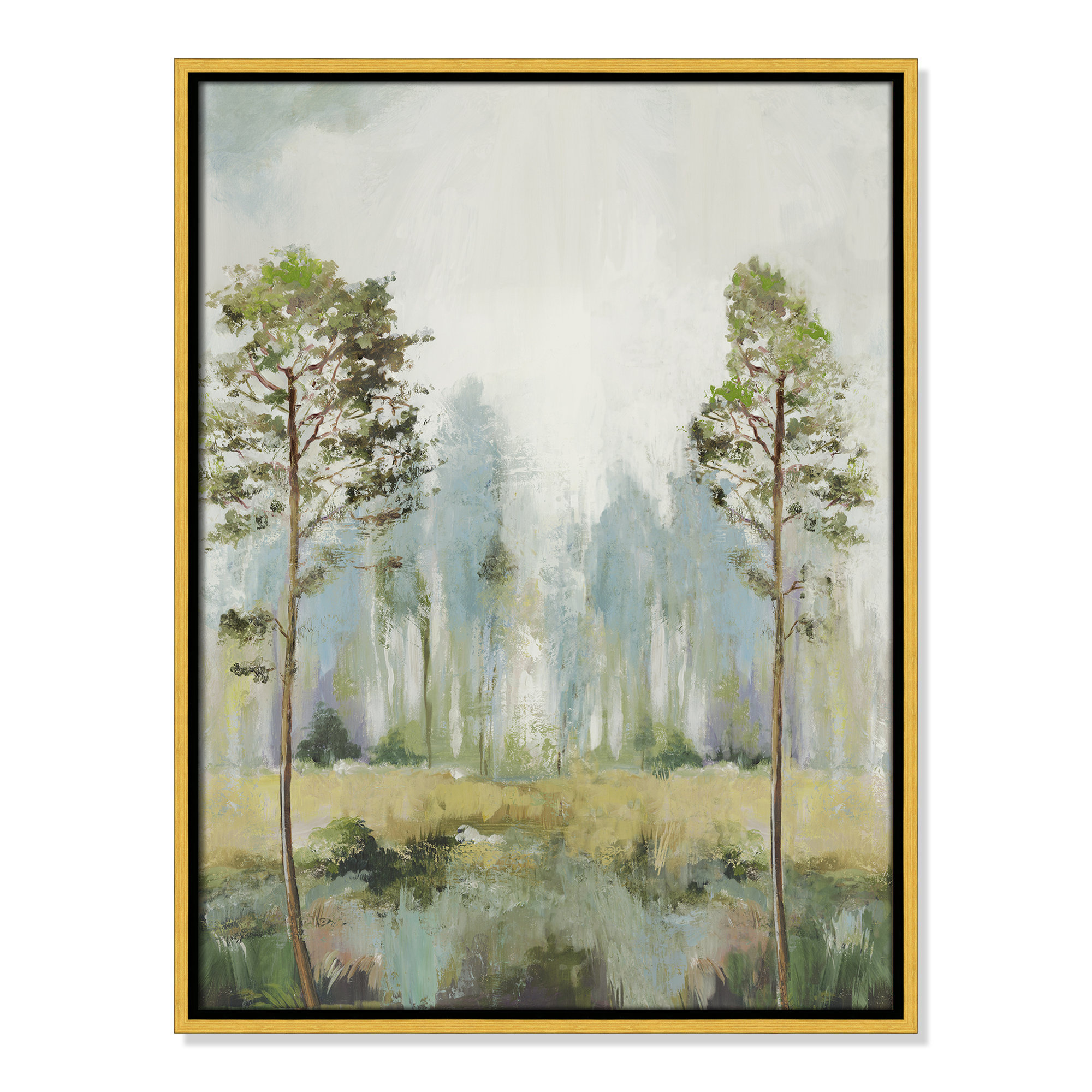 Tall Green Trees II by Teton Pearce - Floater Frame Print on Canvas, 25.5" H x 19.5" W, Gold