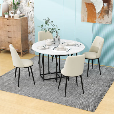 5-Piece Extendable Dining Set with Round Faux Marble Table and 4 Upholstered Chairs -  George Oliver, 614CC2AF495A4DDB910765C188C2C83C