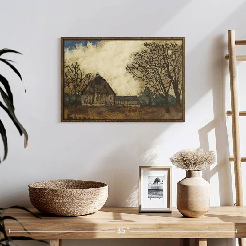 Erst passer la grange I, 19 po x 13 po, Cadre flottant en noyer