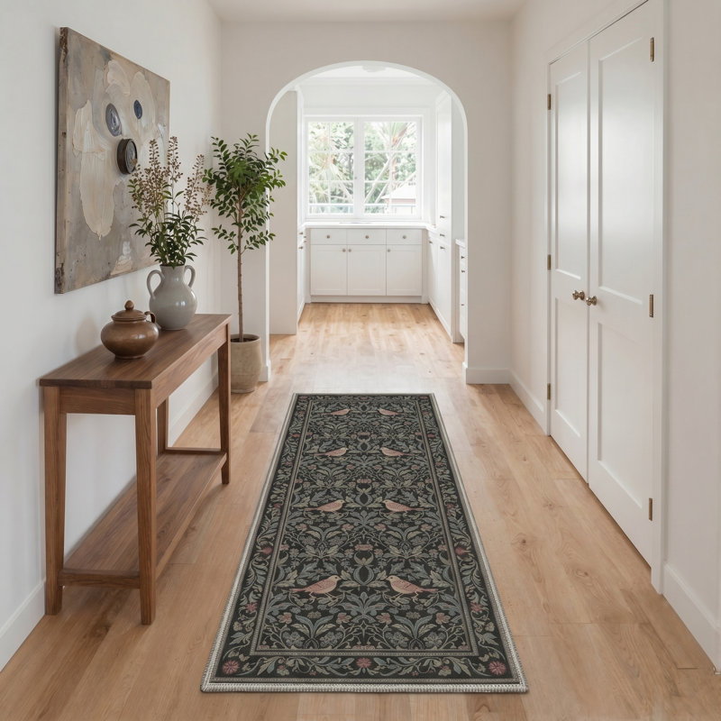 Allendale Auraflora Floral Machine Washable Green / Black Indoor Area Rug with Non-Slip Backing, Runner 2' x 6'