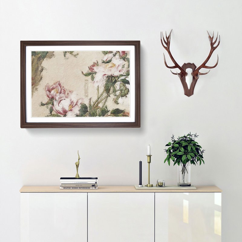 Peony Flowers by Lang Shining - Picture Frame Painting Print, 27cm H x 36cm W x 2cm D, Walnut Framed