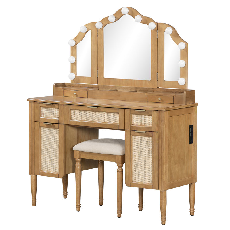 Makeup Vanity with Lighted Tri Fold Mirror and Charging Station with Stool and Solid Wood Legs, Natural