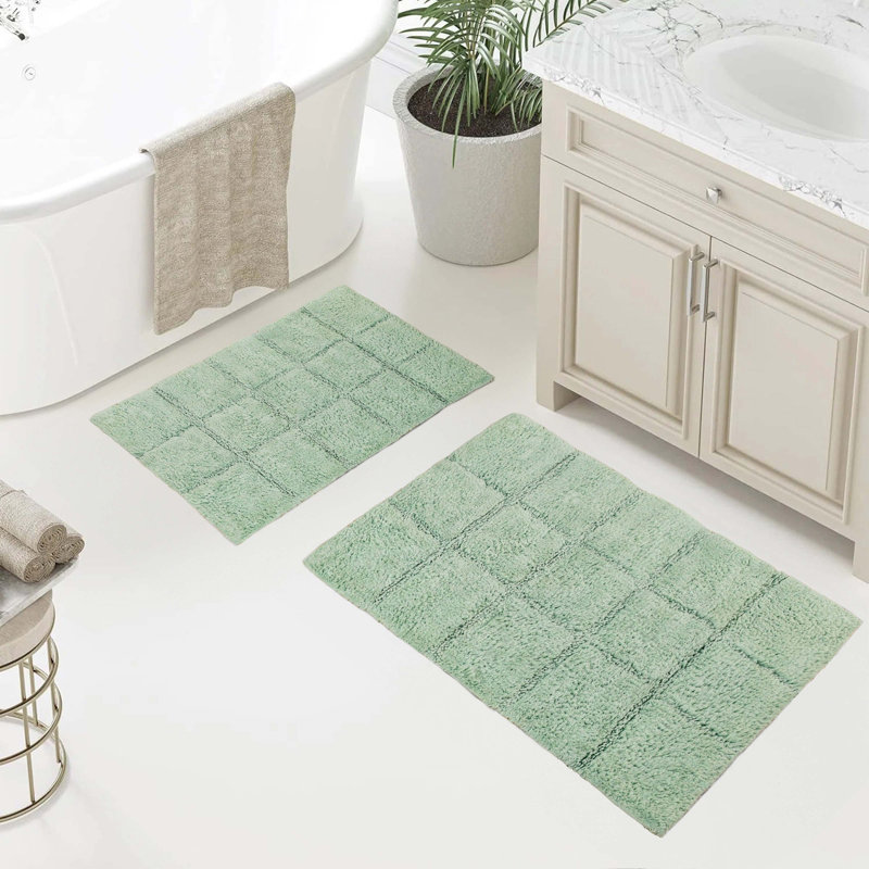 Sandcliff Checkered Cotton Non-Skid Machine Washable 2 Piece Bathroom Rug Set, Checkers Sage
