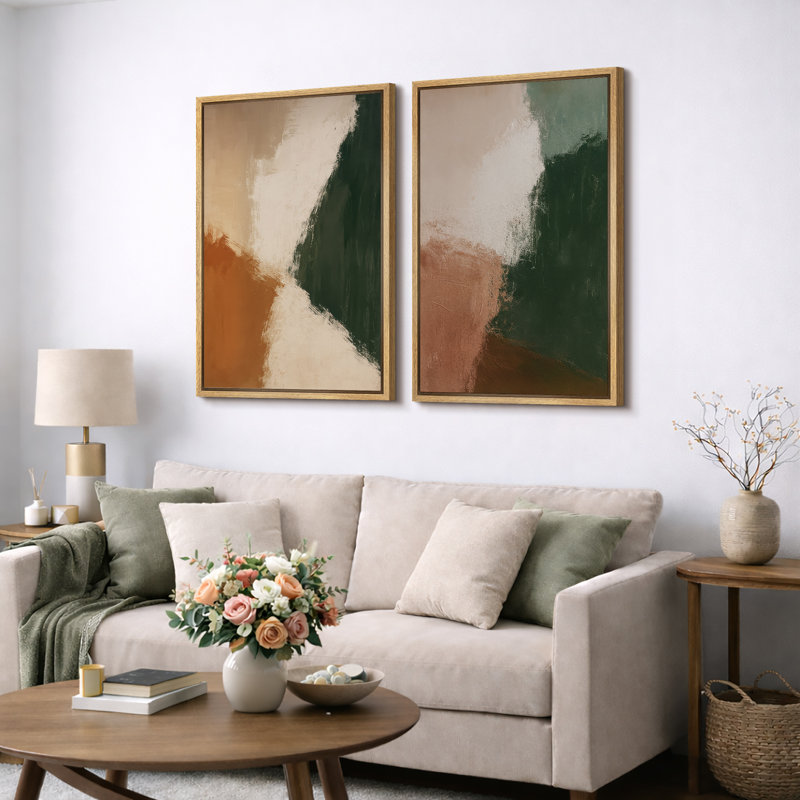 «Earth Tone Abstract Color Shapes Duo Contemporary Modern Design», reproduction d'art sur toile encadrée 2 pièces