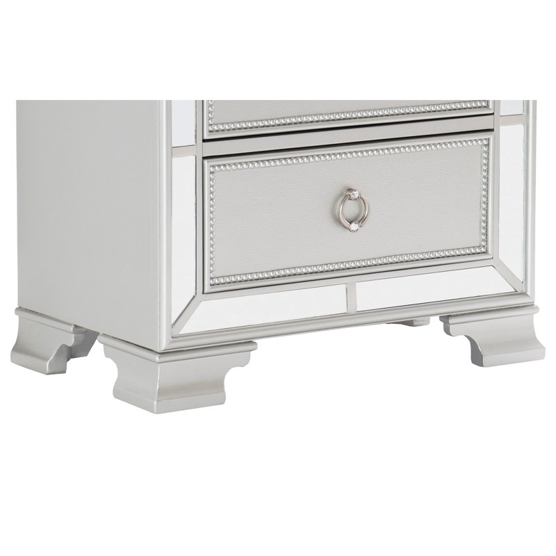 Table d'appoint de chambre à coucher en argent avec 2 tiroirs de texture et table de chevet argentée, bordure biseautée