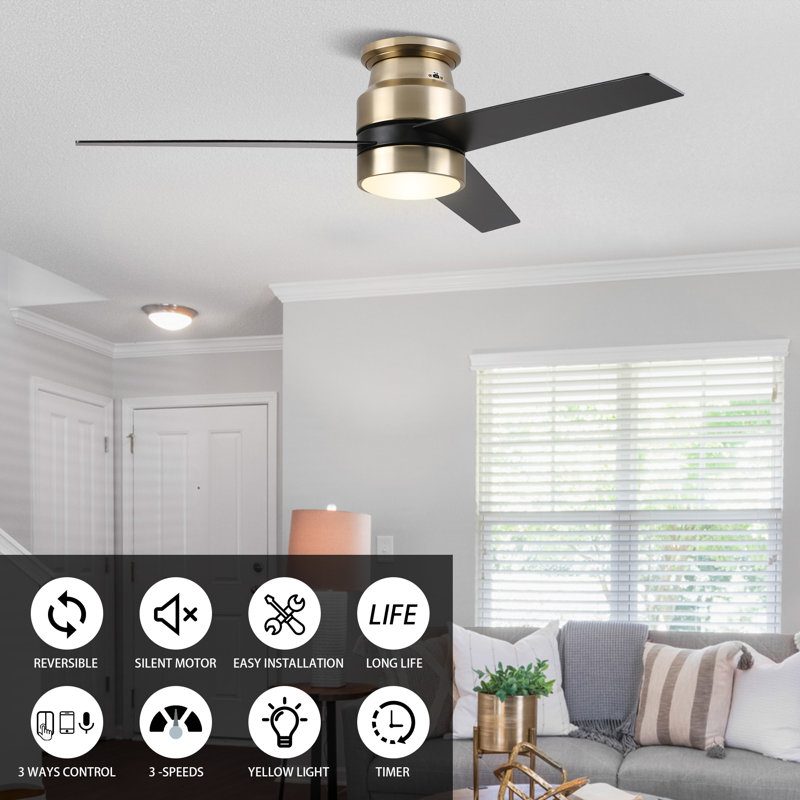 52"  3 - Blade LED Smart DC Ceiling Fan with Wall Control and Light Kit Included, Gold/Black