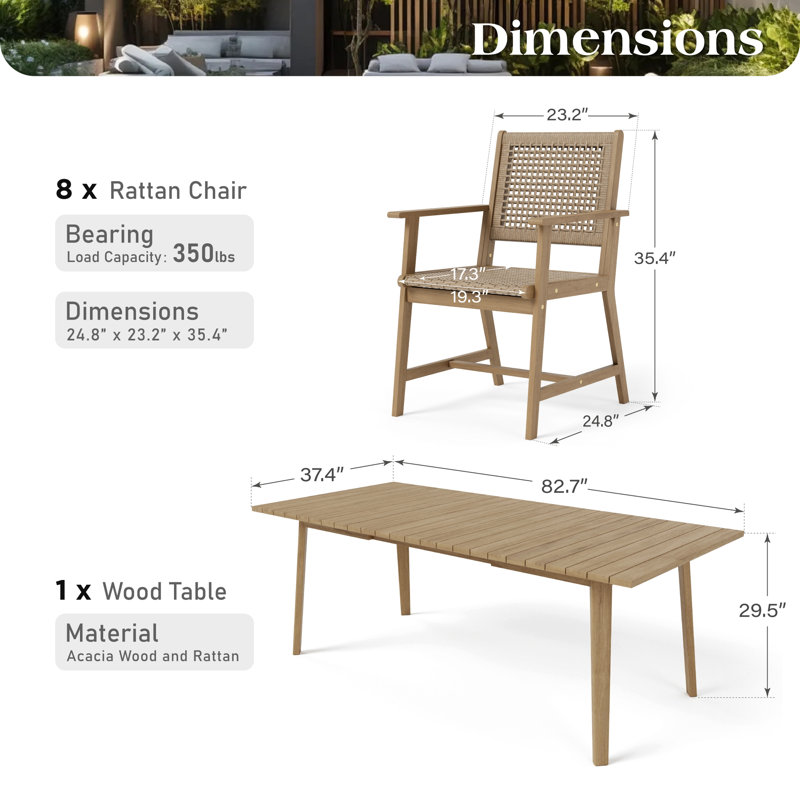Ensemble de salle à manger rectangulaire long en acacia, H 29,5 po x l 82,7 po x P 37,4 po, 8