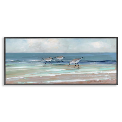 Panoramic Sandpipers on Shoreline Black Framed Giclee Art by Sally Swatland