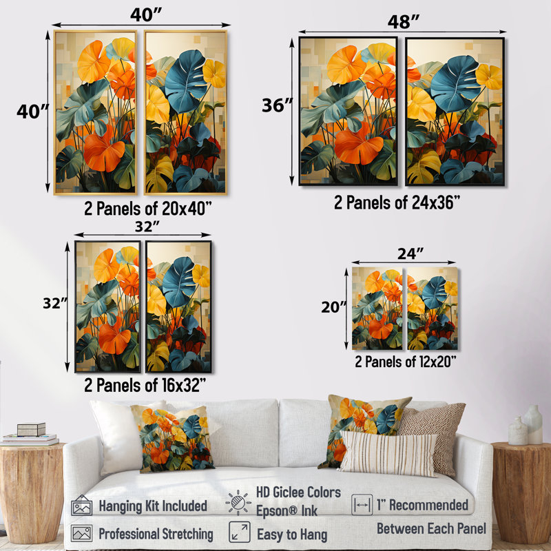Orange, plantes tropicales vertes II - impressions sur toile orange, H 36 po x l 48 po, Toile tendue, Ne s’applique pas