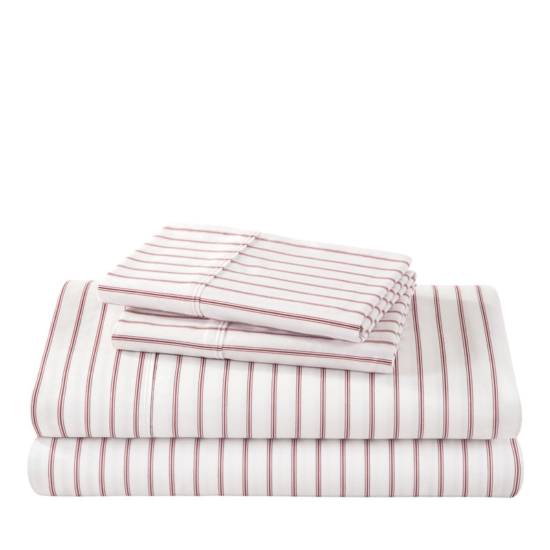 Microfiber Sheet Set, Cal.King Sheet Set + 1 Fitted Sheet +2 Pillowcases, Ticking Stripe - White/Burgundy