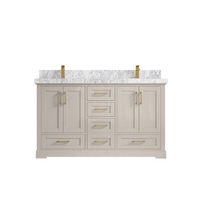 Boston 60 In. W X 22 In. D Double Sink Bathroom Vanity In Fine Grain With 2 In. Carrara Marble