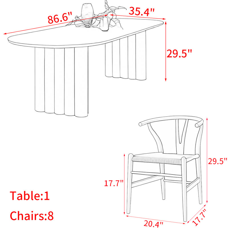 Modern simple solid wood wind oval table set, 29.5"H x 86.6"L x 35.4"W