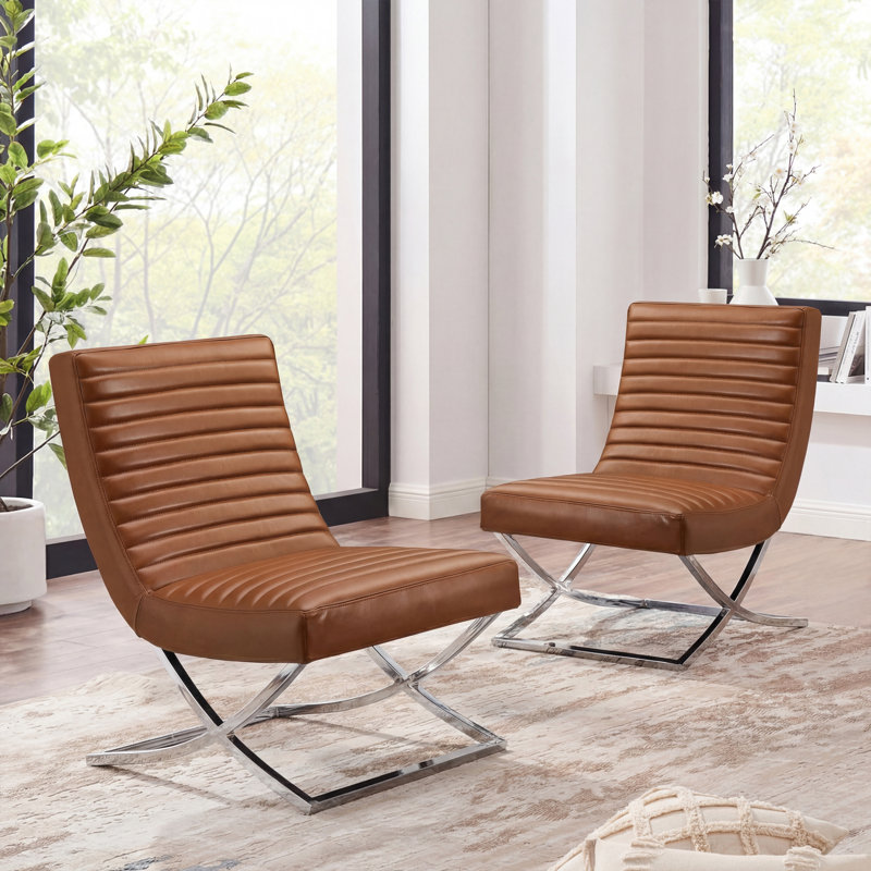 Magdaia 25"W Tufted Leather Upholstered Armless Accent Lounge Chair with Stainless Steel Leg (Set Of 2)