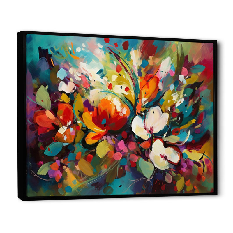 Rynette Red Vibrant Garden Symphony III - Art mural floral, H 30 po x l 40 po x P 1,5 po, Cadre flottant noir