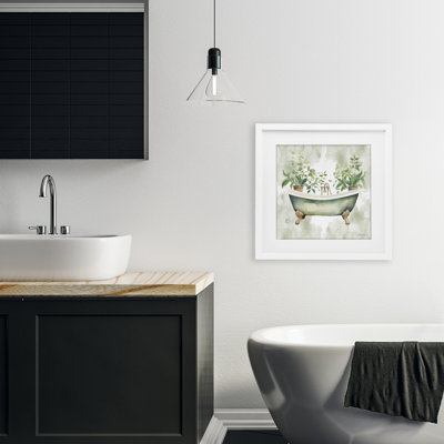Bath Oasis with Greenery, reproduction encadrée sous verre, design par Nicole DeCamp