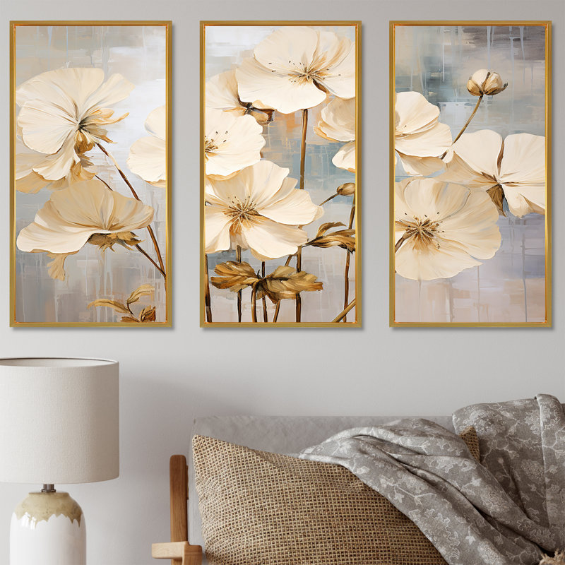 Ensemble de salon minimaliste en géraniums beige et bleu, Cadre flottant doré, H 40 po x l 60 po x P 1 po