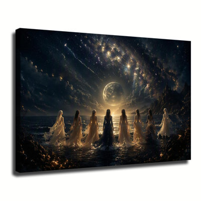 Celestial Goddesses Standing By Ocean Under Starry Galaxy Full Moon Canvas Wall Art, Fantasy Mystic Large Wall Art Decor