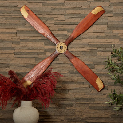 Wood 4 Blade Airplane Propeller Brown Wall Decor with Aviation Detailing