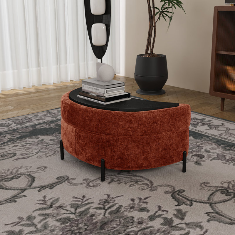 Repose-pieds rembourré demi-lune avec rangement, Chenille terre cuite