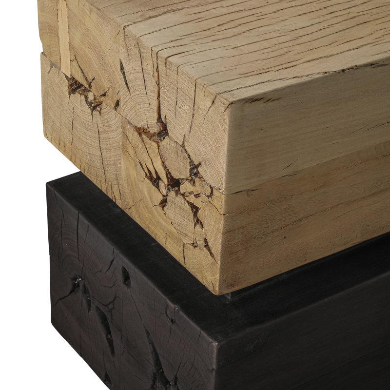 Block Stool ~ A perfect contrast between ebony and bleached wood, evoking the duality of light and shadow. It also emphasizes the raw, sculptural beauty of the stacked 100% reclaimed wood blocks, making it feel both modern and timeless.