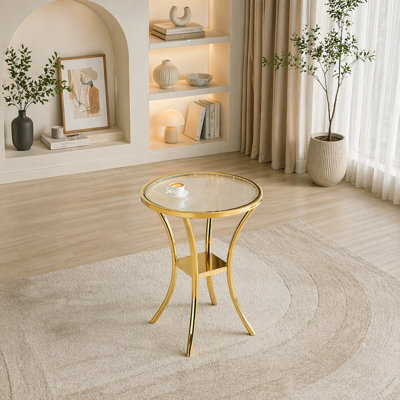 Stainless Steel Wrapped Tempered Glass Top Bar Table with Golden Plated Base - Double Tier Storage for Dining Room Negotiation Room Office Bar Cafe (1 Table)(Table only)