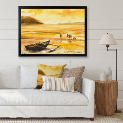 Groupe de personnes sur une plage au coucher du soleil - peinture sur toile