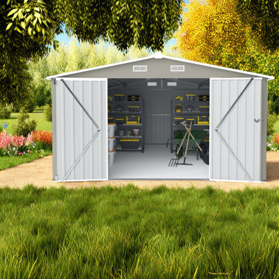 Remise de jardin en métal durable avec portes verrouillables, gris clair 10 x 14 pi
