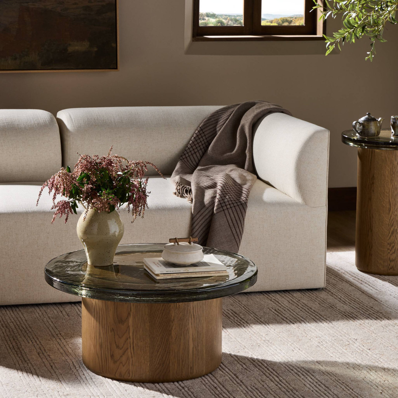 Jumelle 30" Glass Oak Coffee Table, Clear Cast Glass