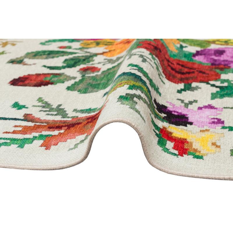 Tapis rectangulaire à motif floral tissé à plat en polyester gris / vert / rose Kailey, Rectangle 5 pi 1 po x 7 pi 7 po