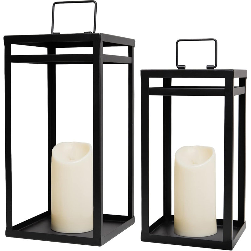 Black Metal LED Candle Lanterns Set with Timer, 15.8'' & 12.6''