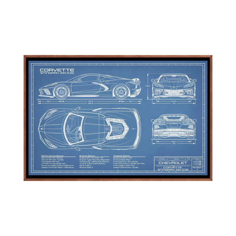 Modèle de Stingray (C8) Corvette-impression de dessin, Toile avec cadre en bois brun classique, Pas de tapis