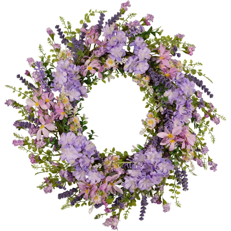 Couronne d'hortensia mauve pour porte d'entrée avec accents lavande, baies et grains