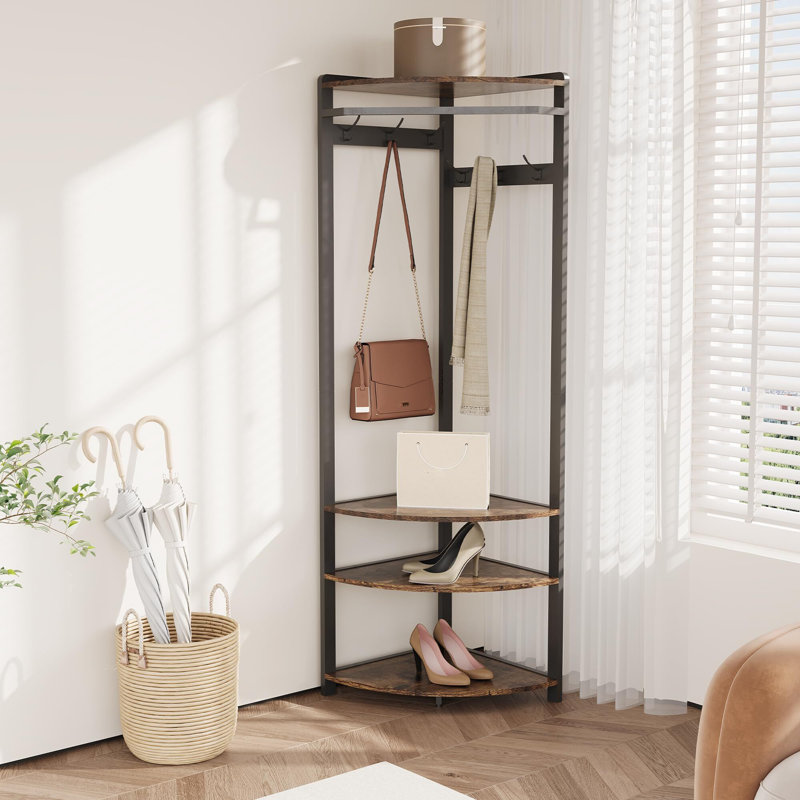 Corner Coat Rack with Shoe Bench Entryway and 6 Double Hooks, Corner Hall Tree - Corner Clothes Rack with Storage Corner Tree with Organizer Shoe Bench Shelf for Entryway, Hallway, Closet