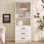Bibliothèque de 70 po de hauteur avec 3 tablettes ouvertes et 2 tiroirs de rangement, armoire de rangement en bois pour le salon, la chambre à coucher, le bureau personnel, blanc