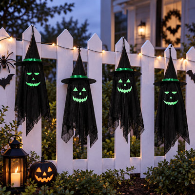 Ensemble de 4 décorations fantômes suspendues pour l'Halloween avec chapeaux de sorcière, 100 cm (39,37 pouces), fantômes noirs phosphorescents aux visages effrayants, pour la décoration extérieure de votre jardin, porche ou maison hantée.