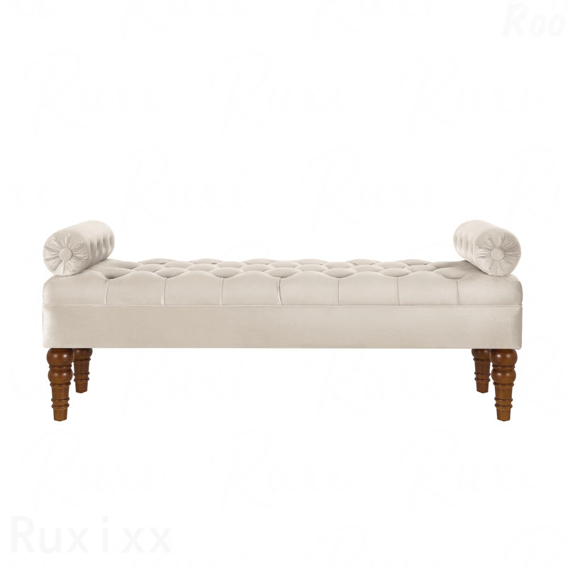 Velvet Fabric Upholstered Long Bench - Button Tufted Seat, For Bedroom, Window & Entryway, Bolster Design, White