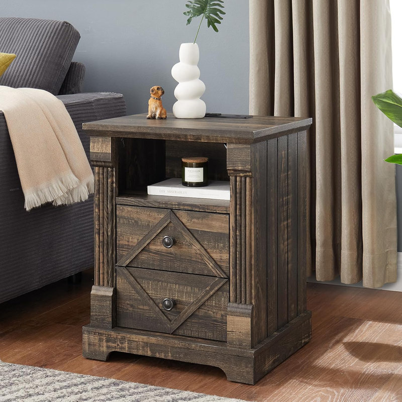 Stand With Charging Station, Roman Column, 18" End Table With 2 Drawers Storage, Wood Rustic Side Table, Nightstand For Bedroom, Dark Rustic Oak