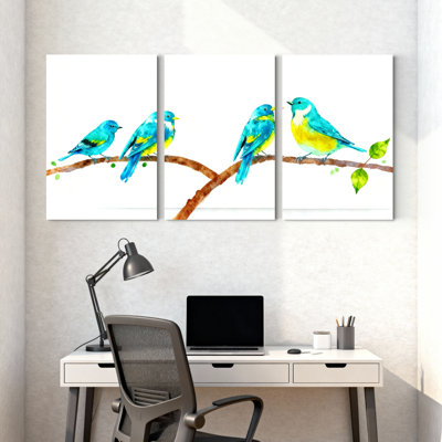 «Birds Four Blue Birds on Branch With Leaves», ensemble de 3 impressions d'art sur toile