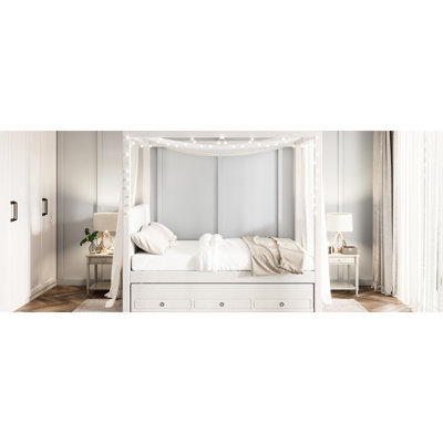 Lit à baldaquin double avec lit gigogne et rangement pour la chambre à coucher, plateforme beige - Économie d'espace