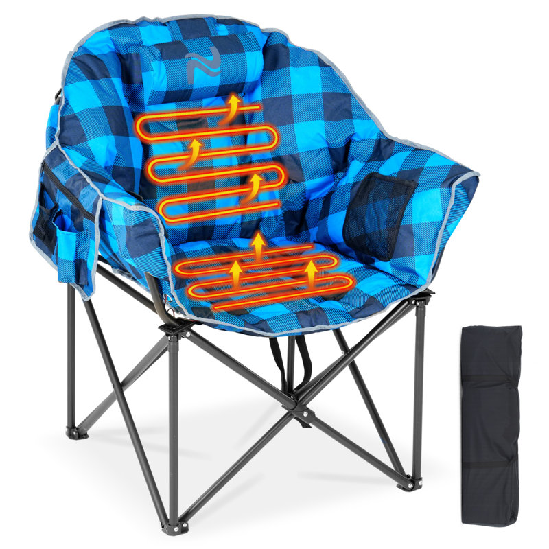 Oversized Portable Heated Camping Chair With Pillow, Heated Foldable Chair Seat Supports 500 Lbs, Blue Grid