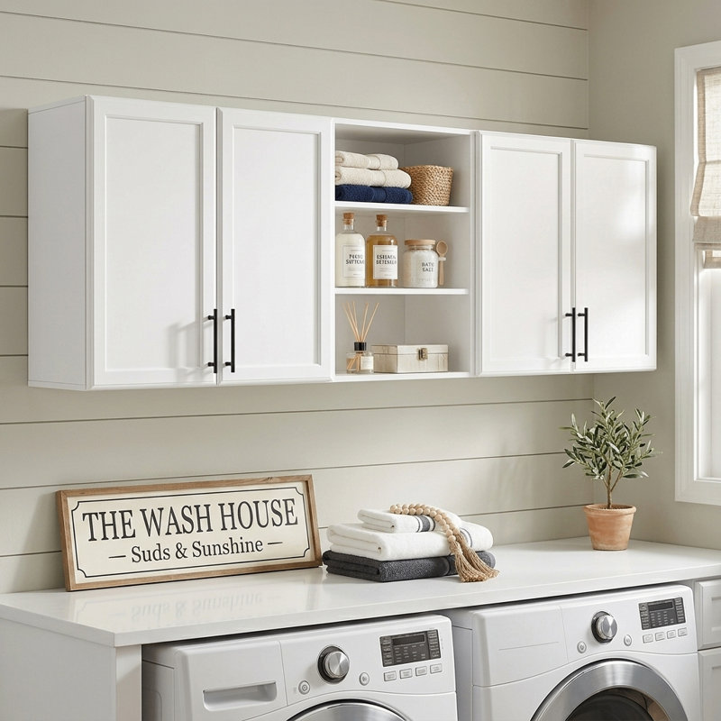 Armoire murale flottante blanche 63 po, armoire de rangement murale suspendue en bois pour la salle de lavage et la cuisine