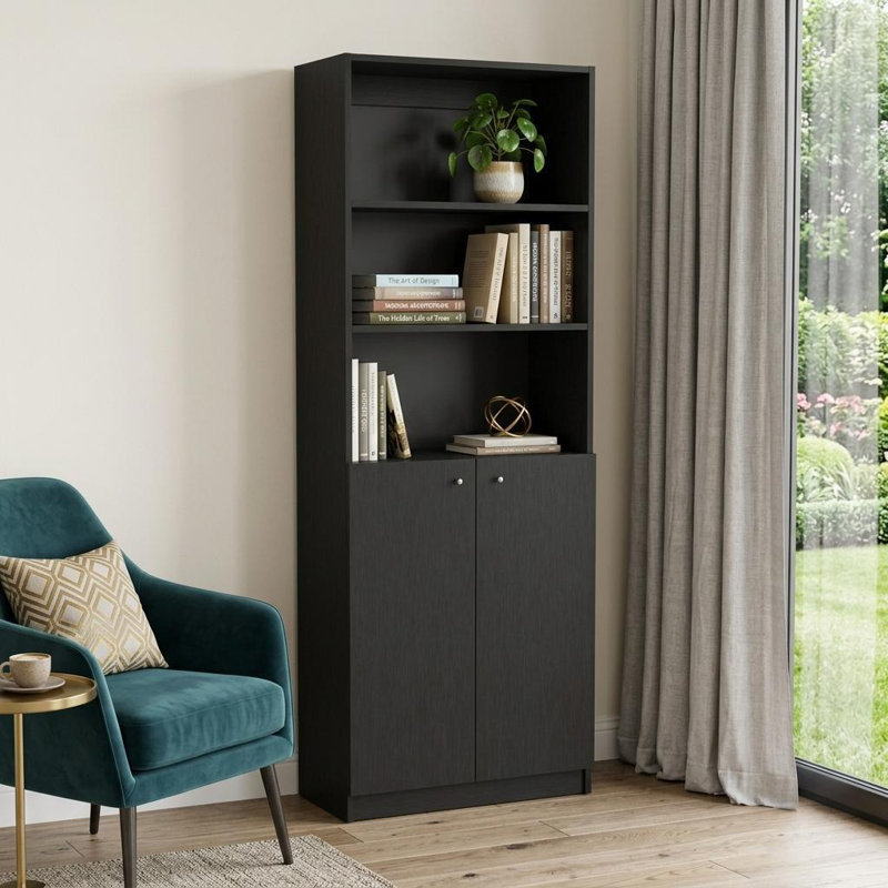 Charlotte Manufactured Wood Bookcase with Cabinets and Open Shelves, Large Storage Bookshelf for Living Room and Office – Black