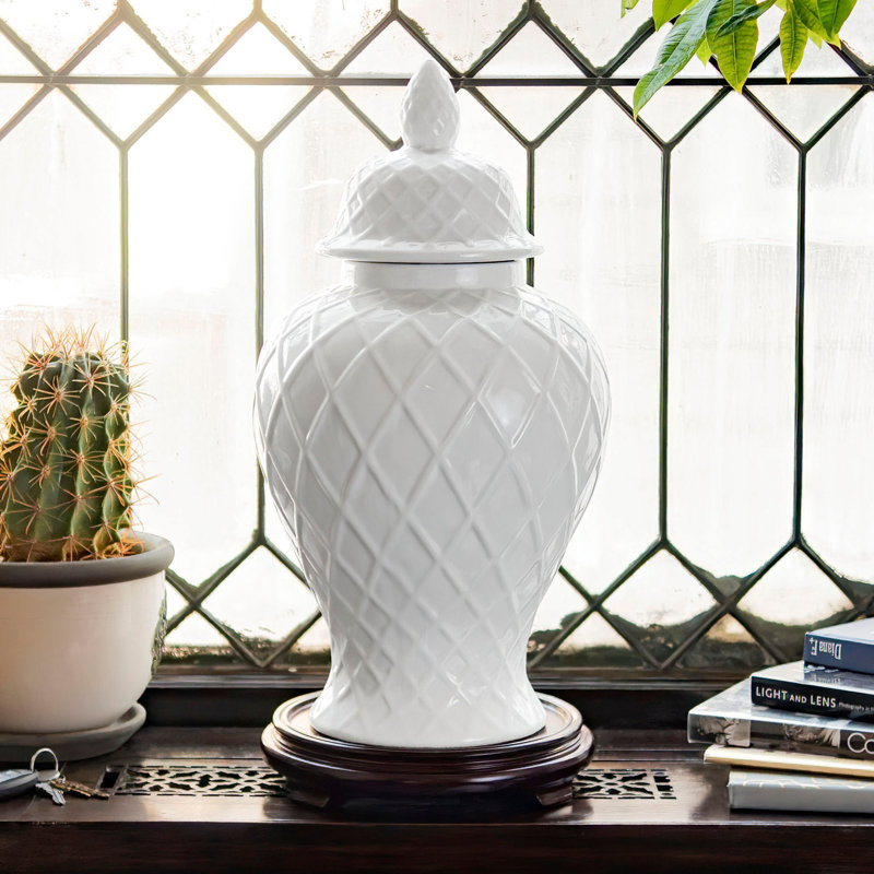 19.5" Diamond Pattern Antique White Temple Jar, White