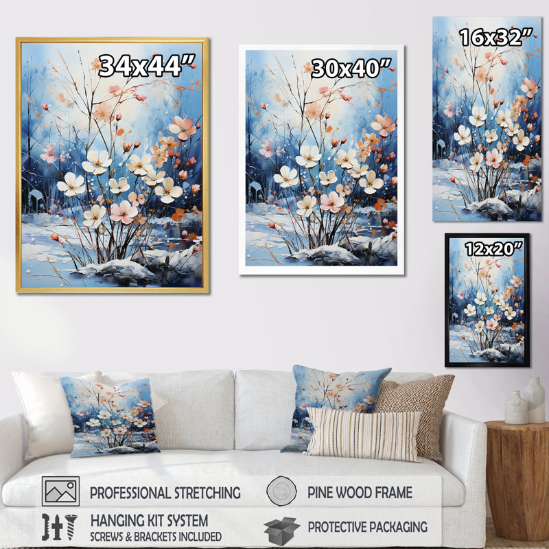 Bouquet de fleurs de neige en harmonie, Cadre simple argenté, H 44 po x l 34 po x P 1,5 po