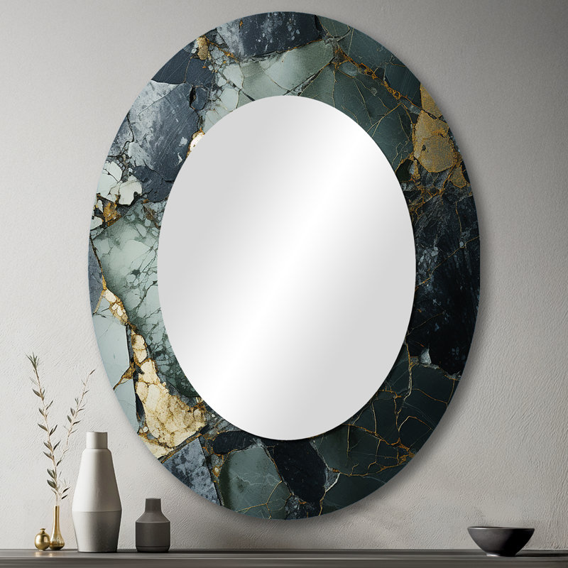 Doré et vert Terrazzo Marble Elegance I - Miroir mural moderne ovale, 43 po x 33 po