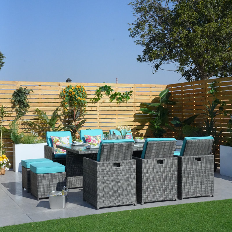 10 - Person Wicker Patio Dining Set with Rectangular Table , Cushions Included, Gray, Cyan