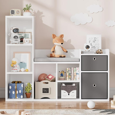 Toy Storage Organizer With Reading Nook Kids Bookshelf White Bookcase Seat Cushion Wooden 6-Cubby Storage Bench 2 Drawers Toddler Cabinet Shelf For Kids Room, Playroom, Nursery
