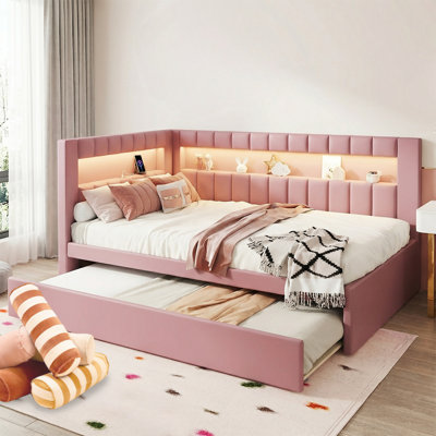Upholstered Bed Frame With Adjustable LED Lighting, Built-In USB Charging, And Space-Saving Trundle,No Box Spring Needed